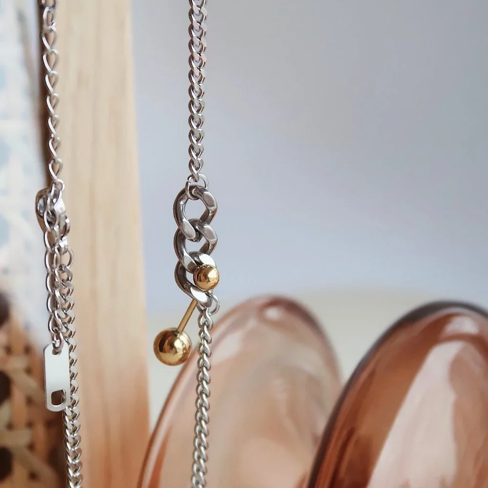 NEW Two Tone 18K Gold Plated Link Chain Gold Ball Bar Necklace